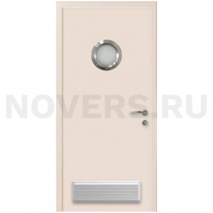 Дверь пластиковая Капель (Kapelli Classic) кремовый RAL 9001 с иллюминатором и вентиляционной решеткой